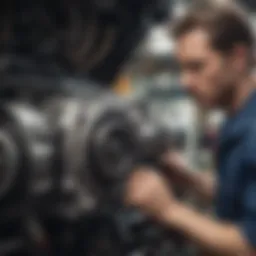 A close-up view of a mechanic inspecting a vehicle's engine.