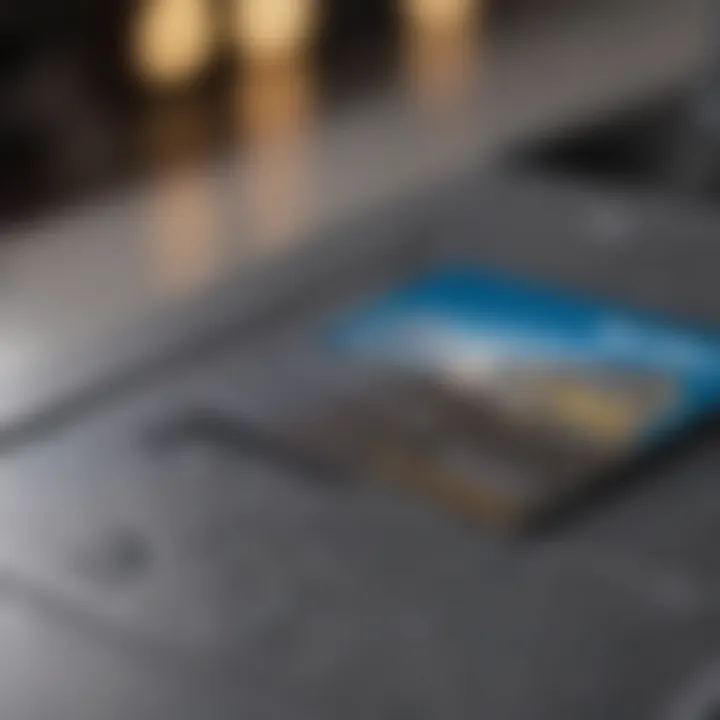 A close-up of a Best Buy credit card with various electronics in the background