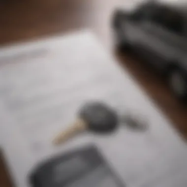 A close-up of a car key and financing paperwork on a table