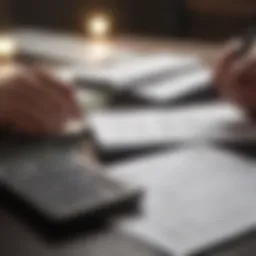 Individual reviewing past tax documents with a calculator