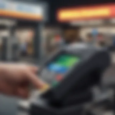 A close-up of a credit card being inserted into a payment terminal at a gas station.