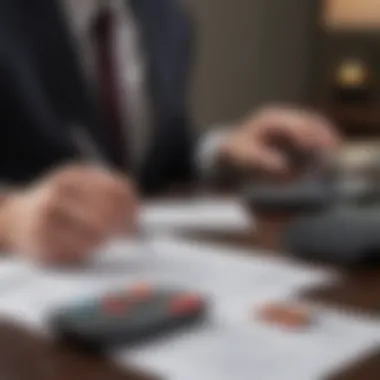 An individual reviewing tax documents with a calculator