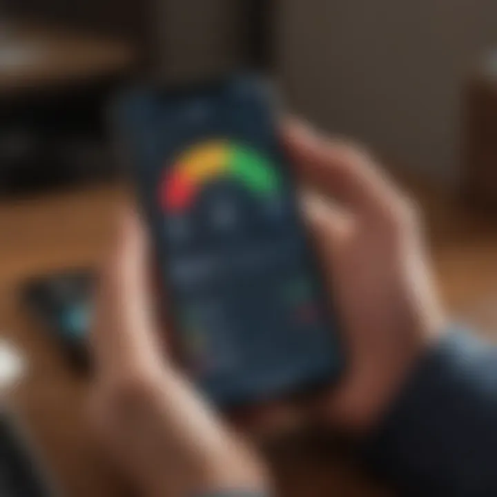 User interacting with a mobile app displaying credit score metrics