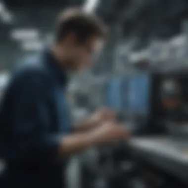 A technician analyzing machinery in a manufacturing facility.