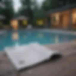 Elegant outdoor swimming pool with financial documents