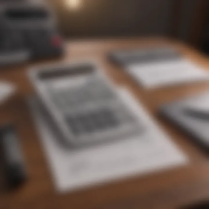 A calculator and lease agreement laid out on a wooden table.