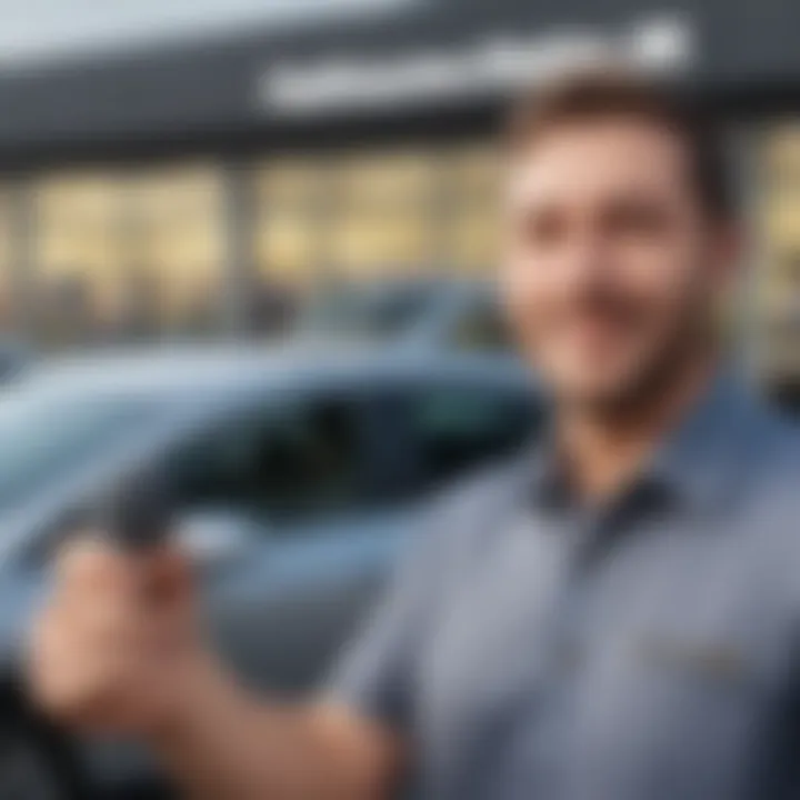 A satisfied individual holding keys to a car with a dealership in the background.