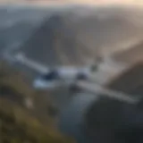 Aerial view of a vibrant Horizon Air plane in flight over picturesque landscapes.