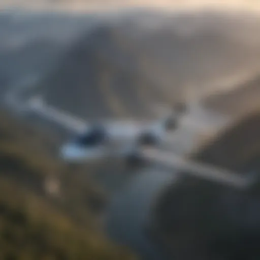 Aerial view of a vibrant Horizon Air plane in flight over picturesque landscapes.