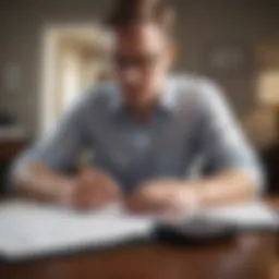 A person contemplating their financial future with a calculator and documents.