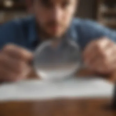 An individual analyzing their credit report with a magnifying glass.