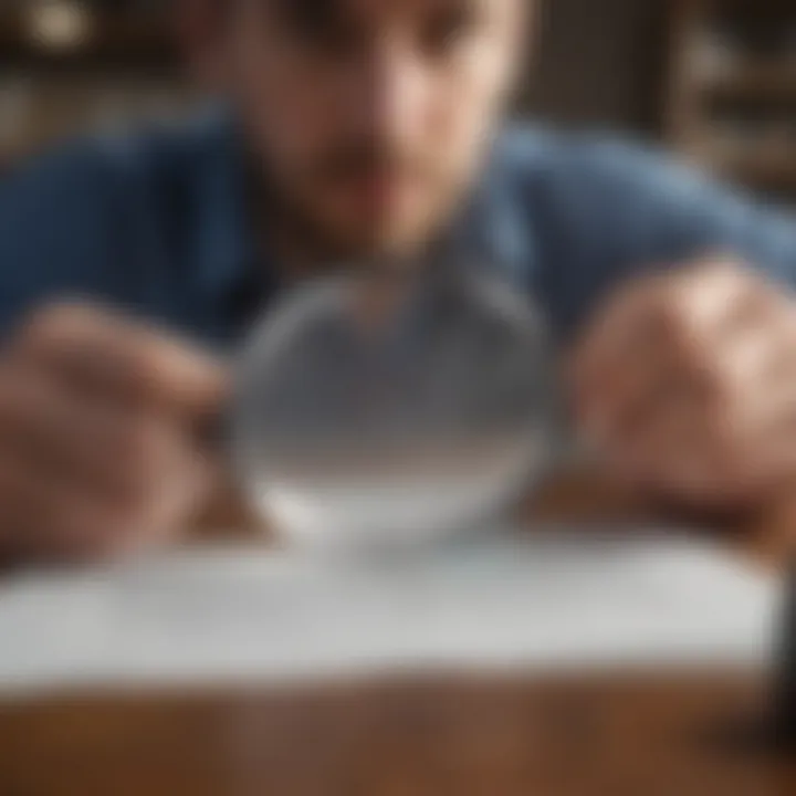 An individual analyzing their credit report with a magnifying glass.