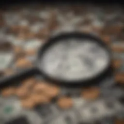 A magnifying glass over a pile of coins symbolizing the search for unclaimed funds.