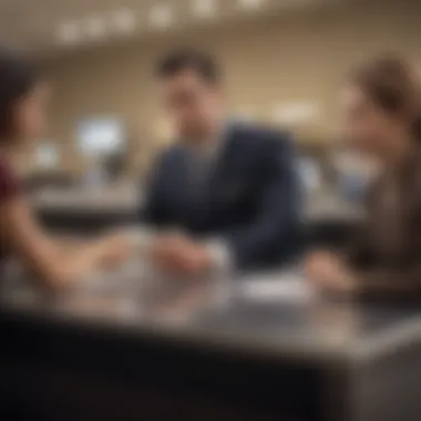 A bank teller assisting a customer with check cashing