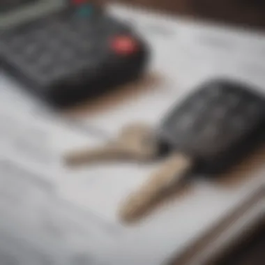 A close-up of a car key with a background of financial documents and a calculator