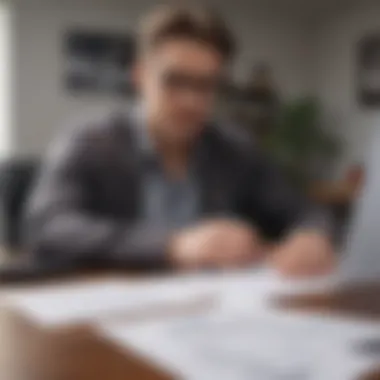 A person reviewing refinancing options at a desk with paperwork and a calculator