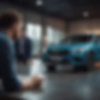 Exploring Financing Options A confident individual discussing financing options with a dealership representative.