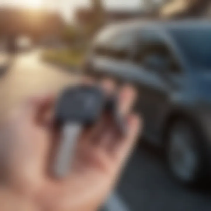 A close-up of a car key in a person's hand symbolizing new ownership.