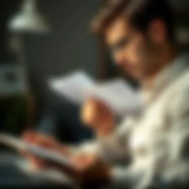 A person thoughtfully analyzing credit reports for rebuilding purpose