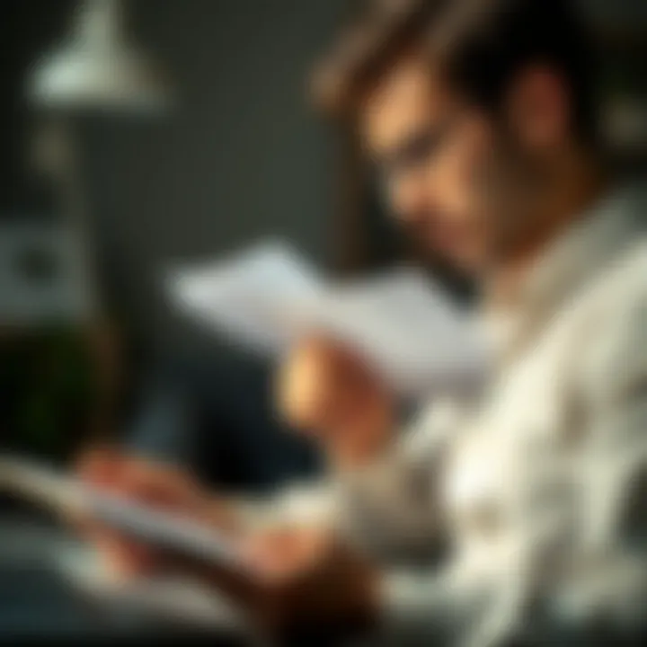 A person thoughtfully analyzing credit reports for rebuilding purpose