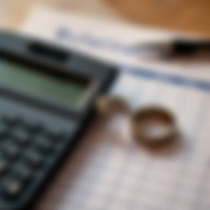 Budgeting for the Perfect Wedding Ring A calculator and budgeting sheet with a wedding ring in focus