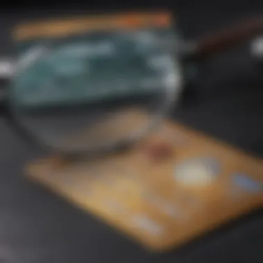 Close-up of a credit card with a magnifying glass highlighting potential fraud signs.