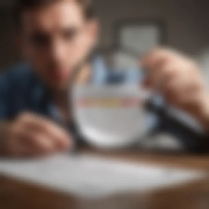 A person analyzing their credit report with a magnifying glass.