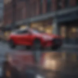 A sleek leased vehicle parked in a modern urban environment.