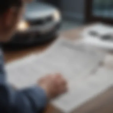 A person examining legal documents related to vehicle insurance and registration.