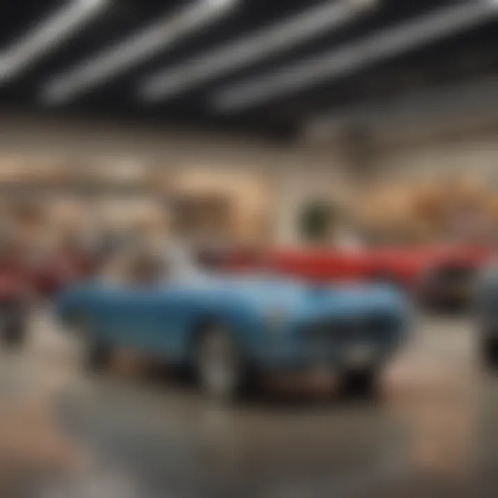 A vintage car showroom, illustrating the allure of classic automobiles available for purchase.